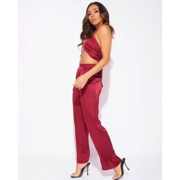 Burgundy Satin Halter Neck Crop Top and High Waist Wide Leg Pants Two Piece Set - Picture 3 of 11